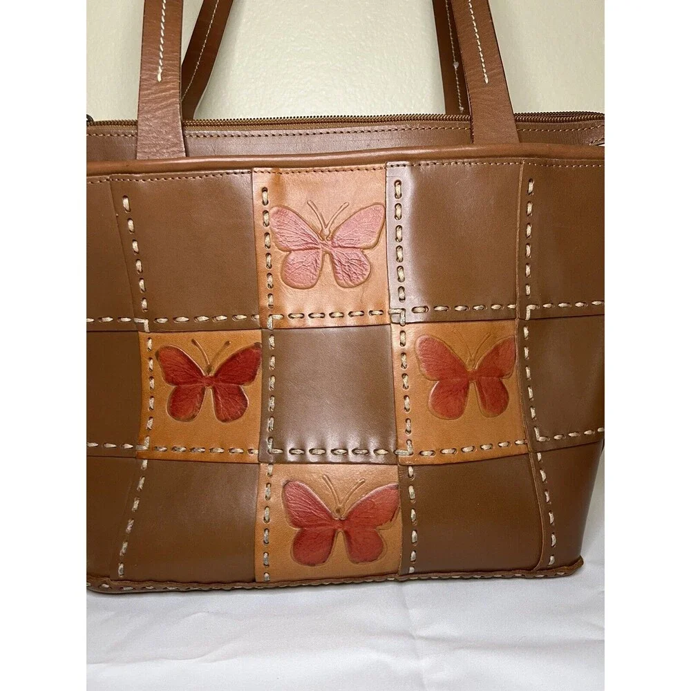 VTG ELLEPI BROWN LEATHER HANDMADE PATCHES M‎ ZIP SHOULDER HOBO/TOTE BAG, Italy
